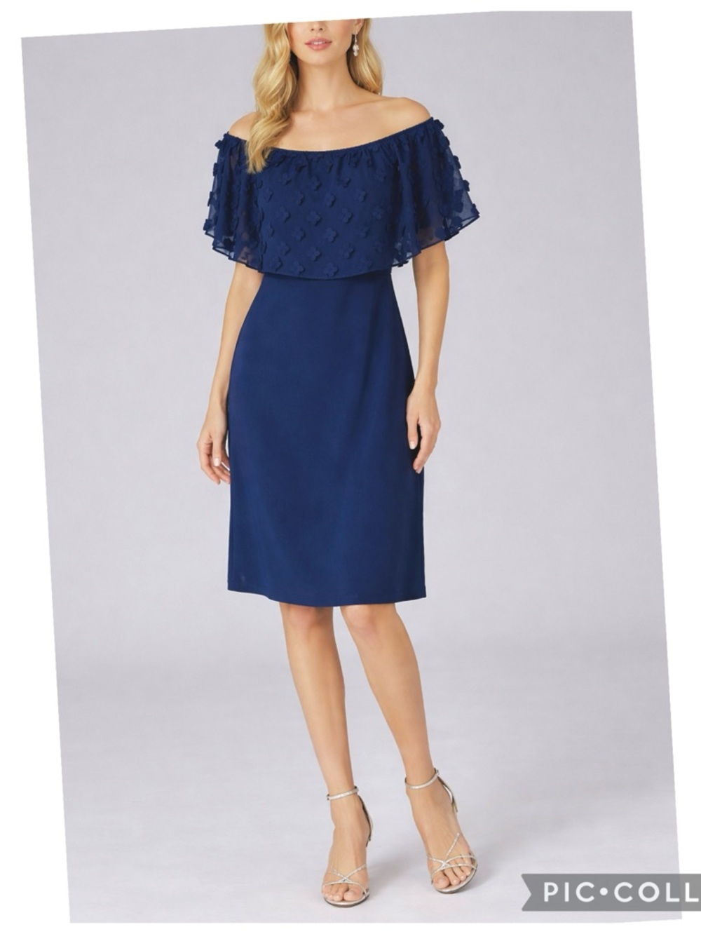 MSK Navy Blue Cape Overlay Cocktail Dress L Wedding Guest Mother of Bride